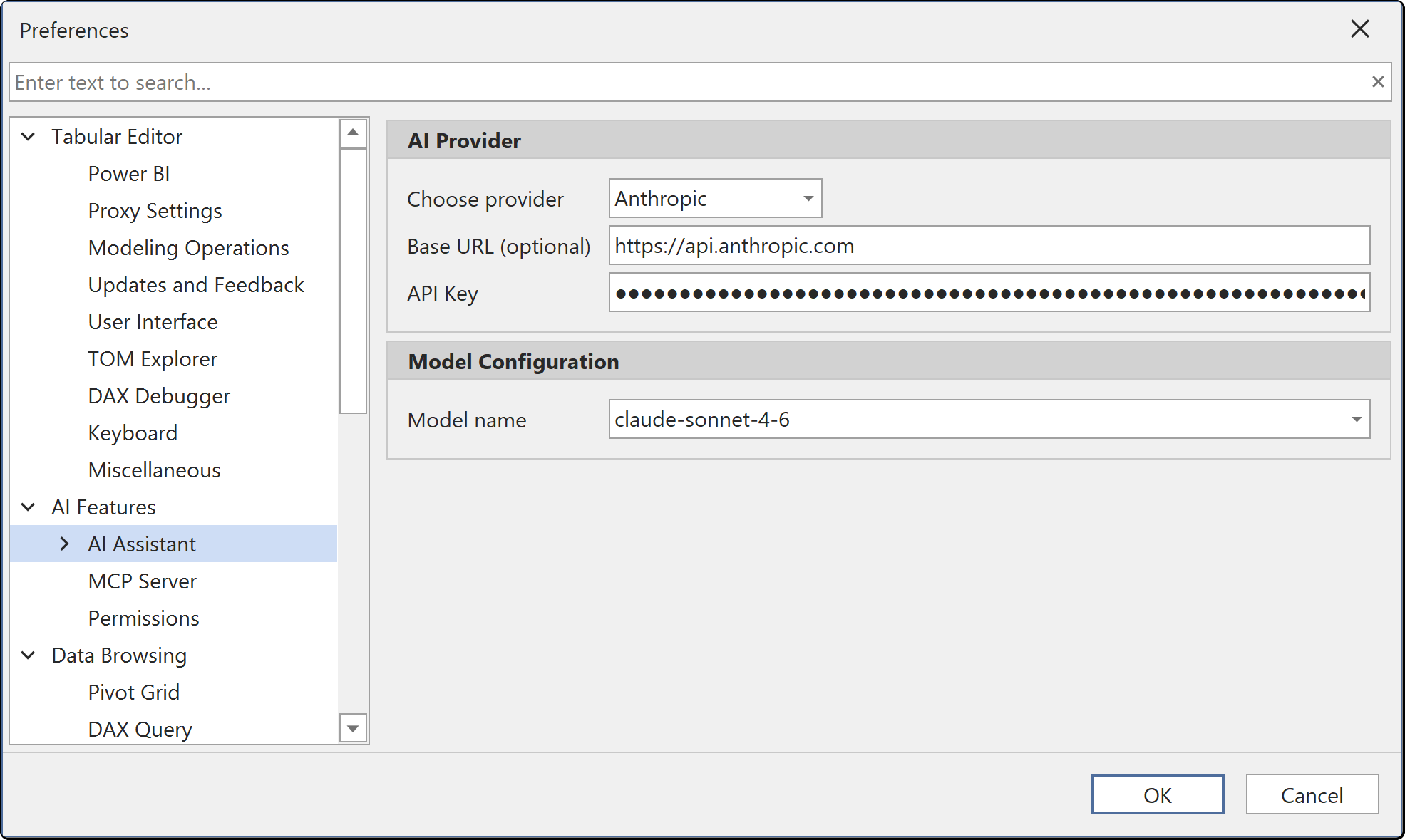 The AI Assistant preferences page with Anthropic selected as the provider, the base URL https://api.anthropic.com, a masked API key and claude-sonnet-4-6 as the model name