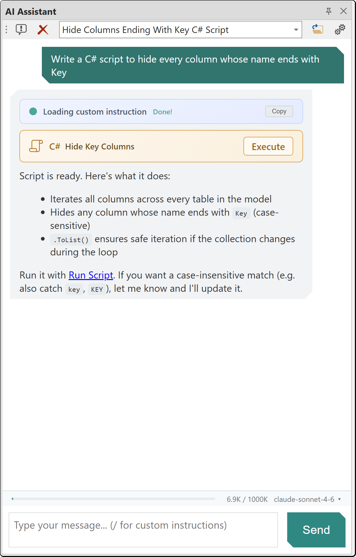 The AI Assistant pane showing a generated C# script artifact with an Execute button, and the assistant's explanation of what the script does and the case-sensitivity caveat it comes with