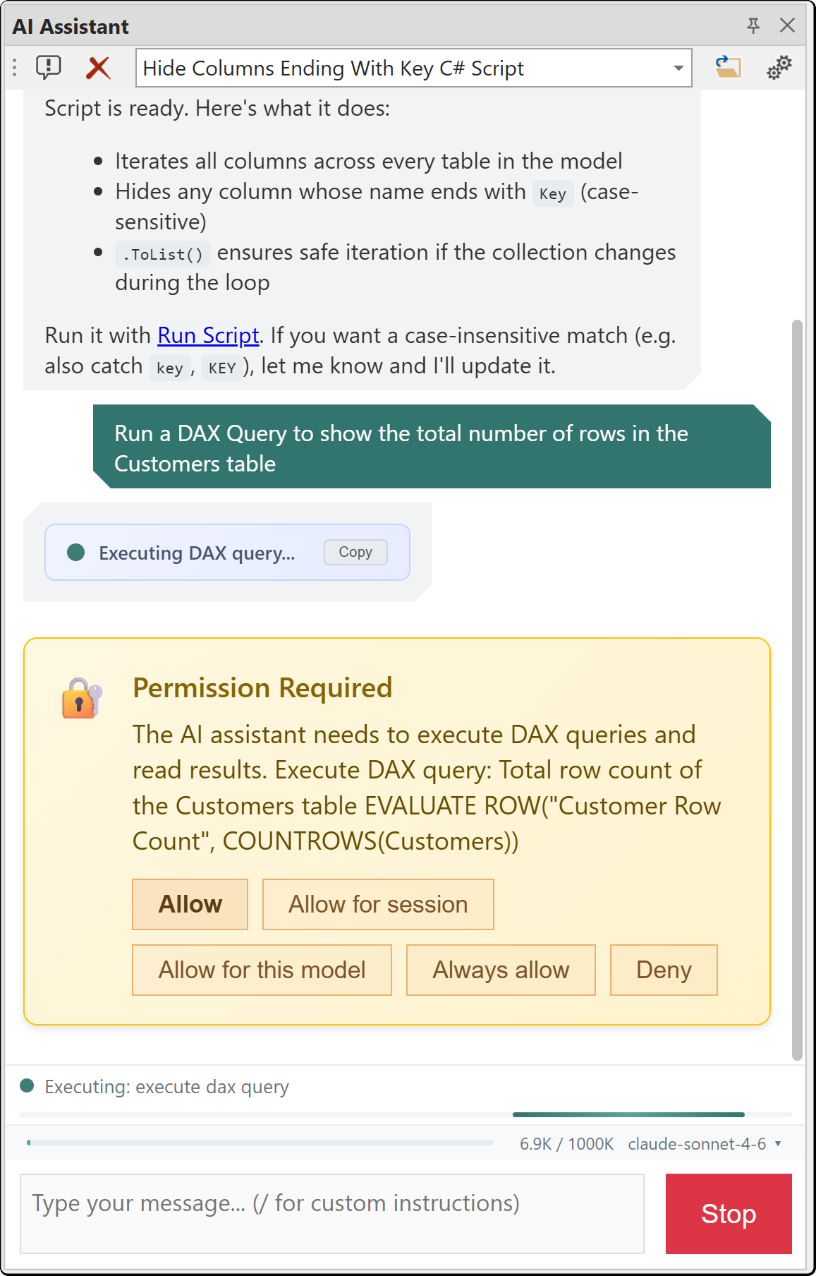 A Permission Required card in the chat, naming the DAX query the assistant wants to run, with Allow, Allow for session, Allow for this model, Always allow and Deny buttons