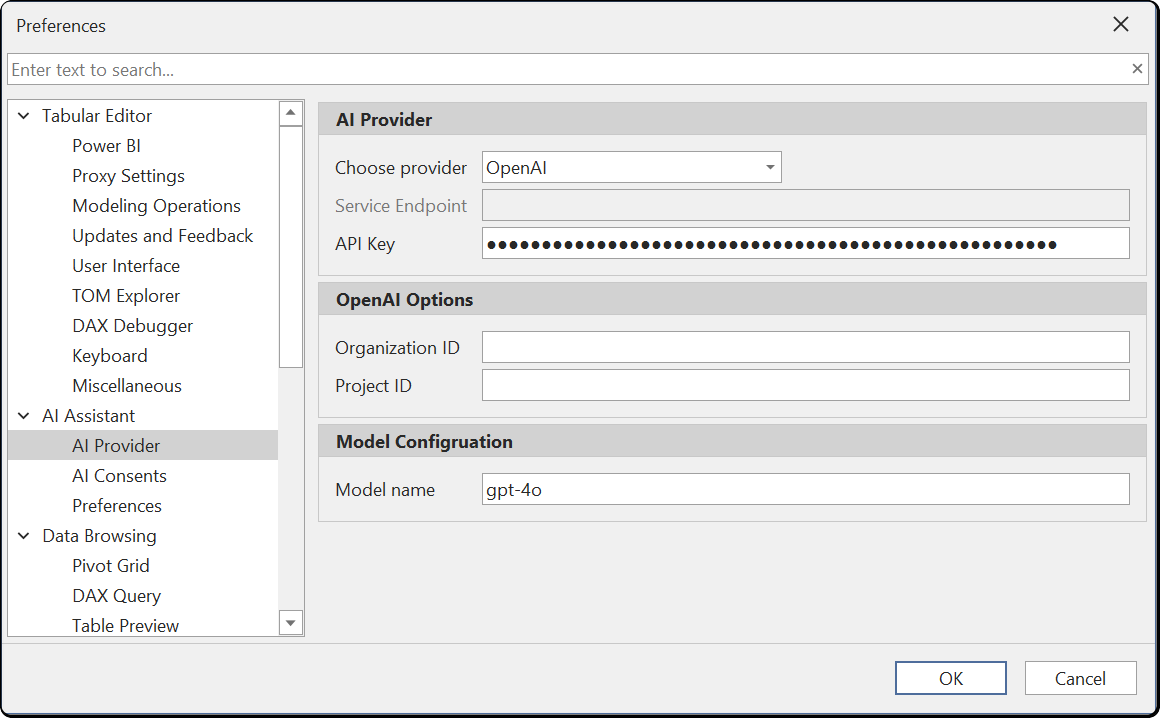 The AI Provider preferences page with OpenAI selected, a masked API key, empty Organization ID and Project ID fields, and the model name