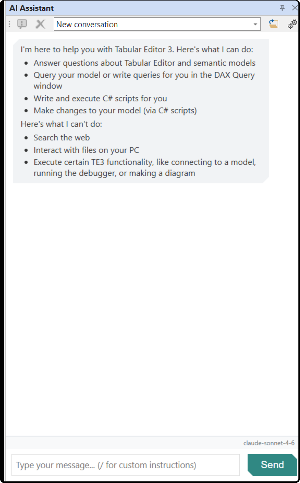 The AI Assistant pane as it first opens, with the assistant's greeting listing what it can do - answer questions, query the model, write and execute C# scripts, change the model - and what it cannot, above an empty message box