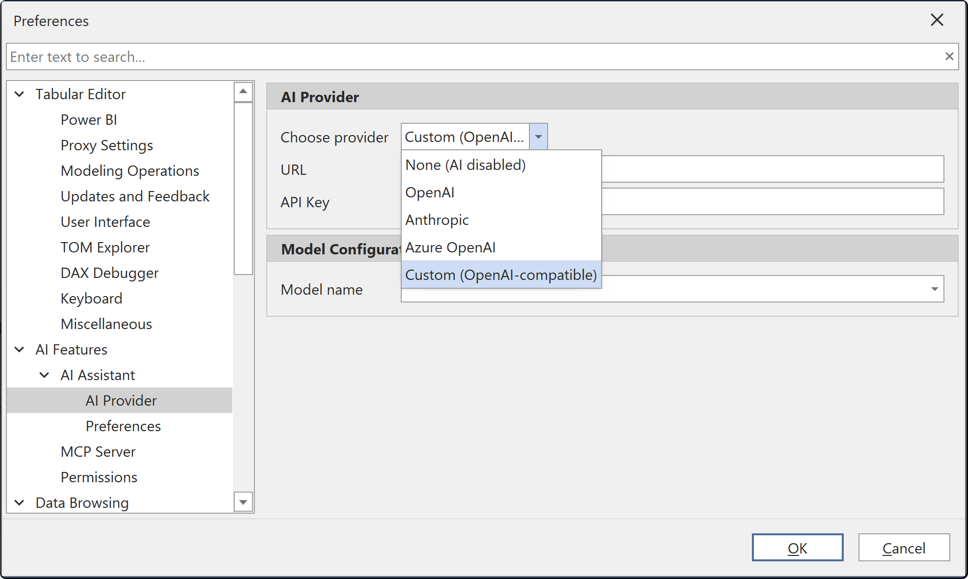 The AI Provider preferences page with the Choose provider dropdown open on None (AI disabled), OpenAI, Anthropic, Azure OpenAI and Custom (OpenAI-compatible), and a URL and API Key field beneath it