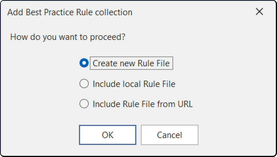 The Add rule collection dialog, showing the Create new Rule File, Include local Rule File and Include Rule File from URL options