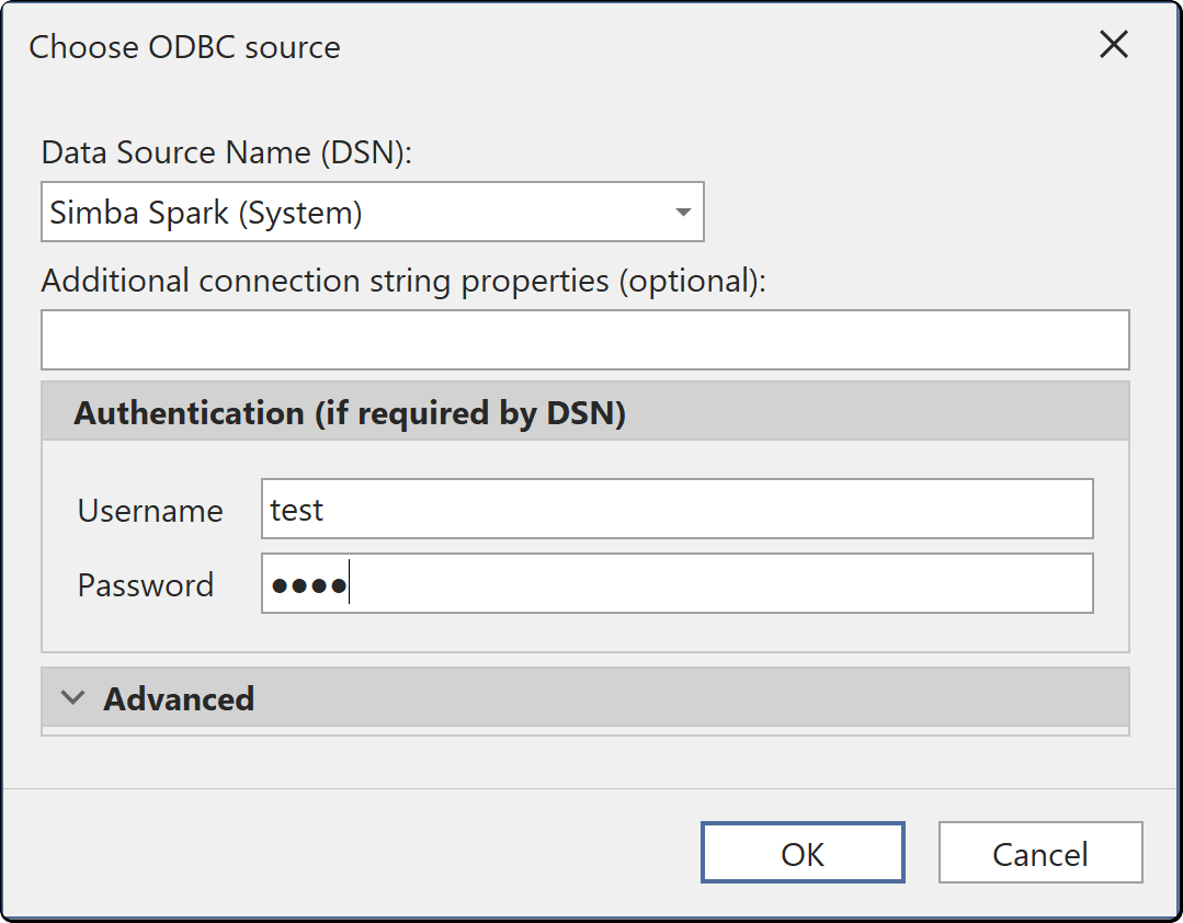 The Choose ODBC source dialog, with a system DSN chosen and a user name and password filled in