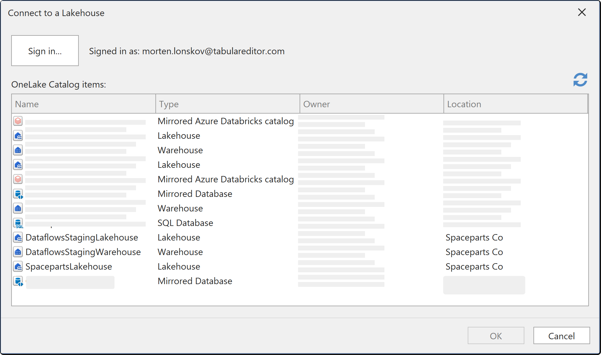 The Connect to a Lakehouse dialog, listing OneLake catalog items by name, type, owner and location