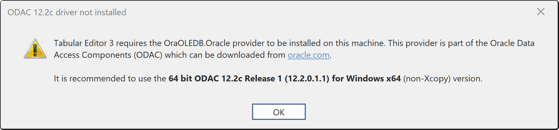 The ODAC driver not installed warning, saying that Tabular Editor 3 requires the OraOLEDB.Oracle provider from the Oracle Data Access Components