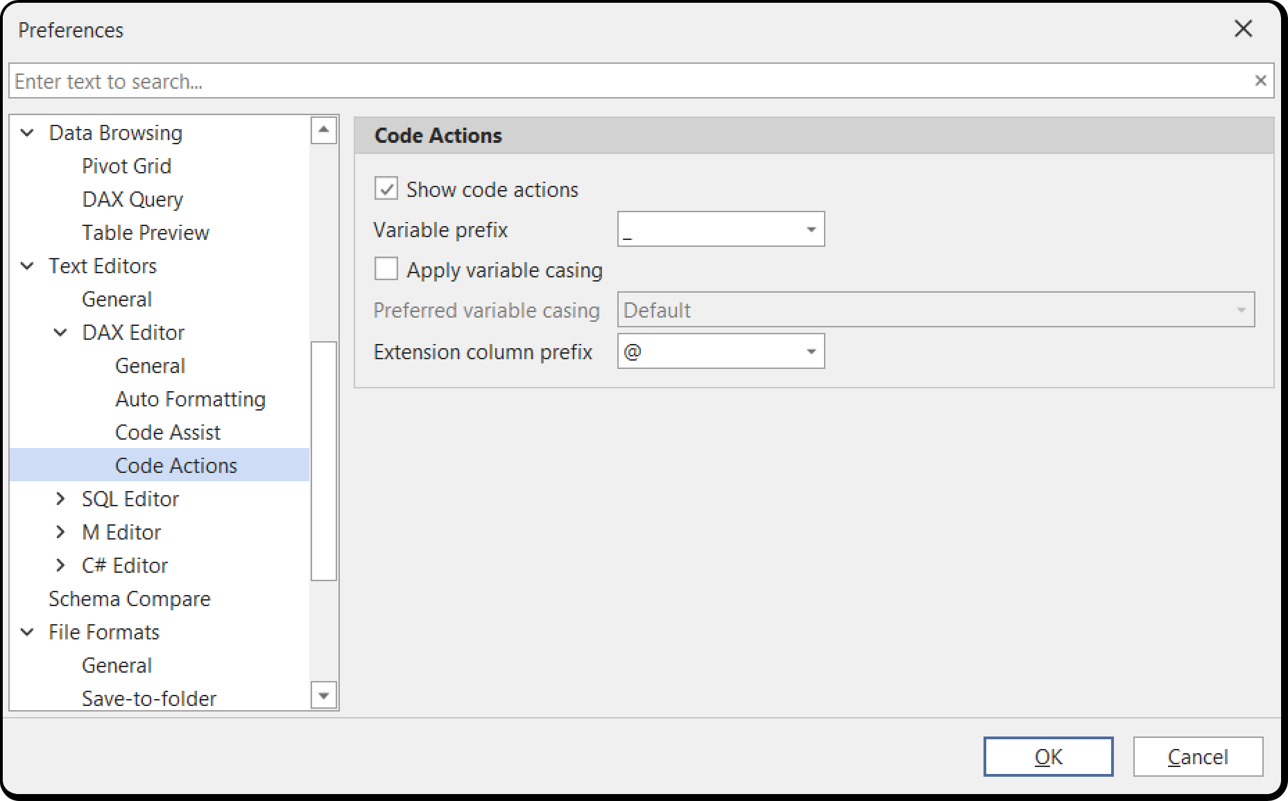 DAX Editor Code Actions preferences