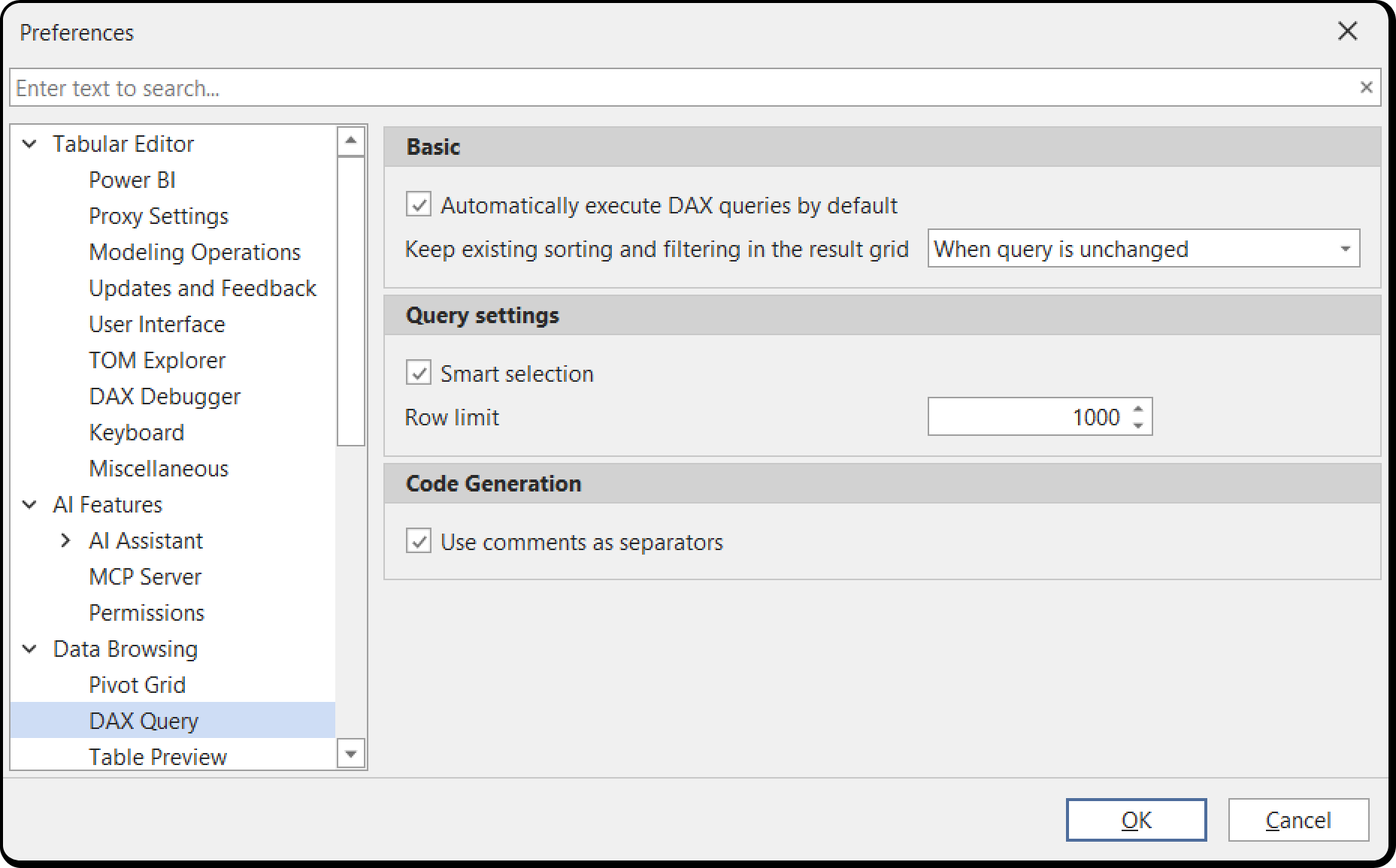 DAX Query preferences