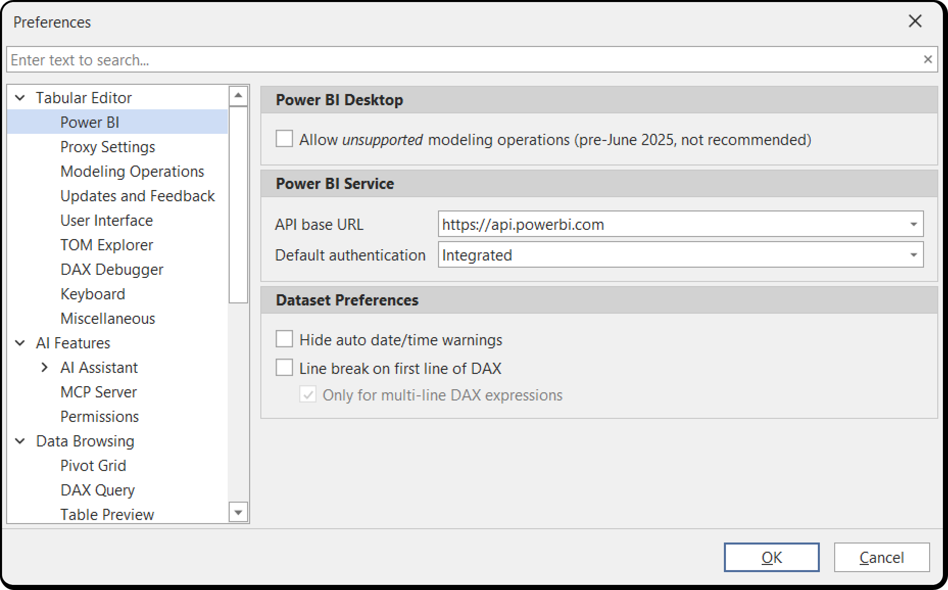 Power BI Integration preferences