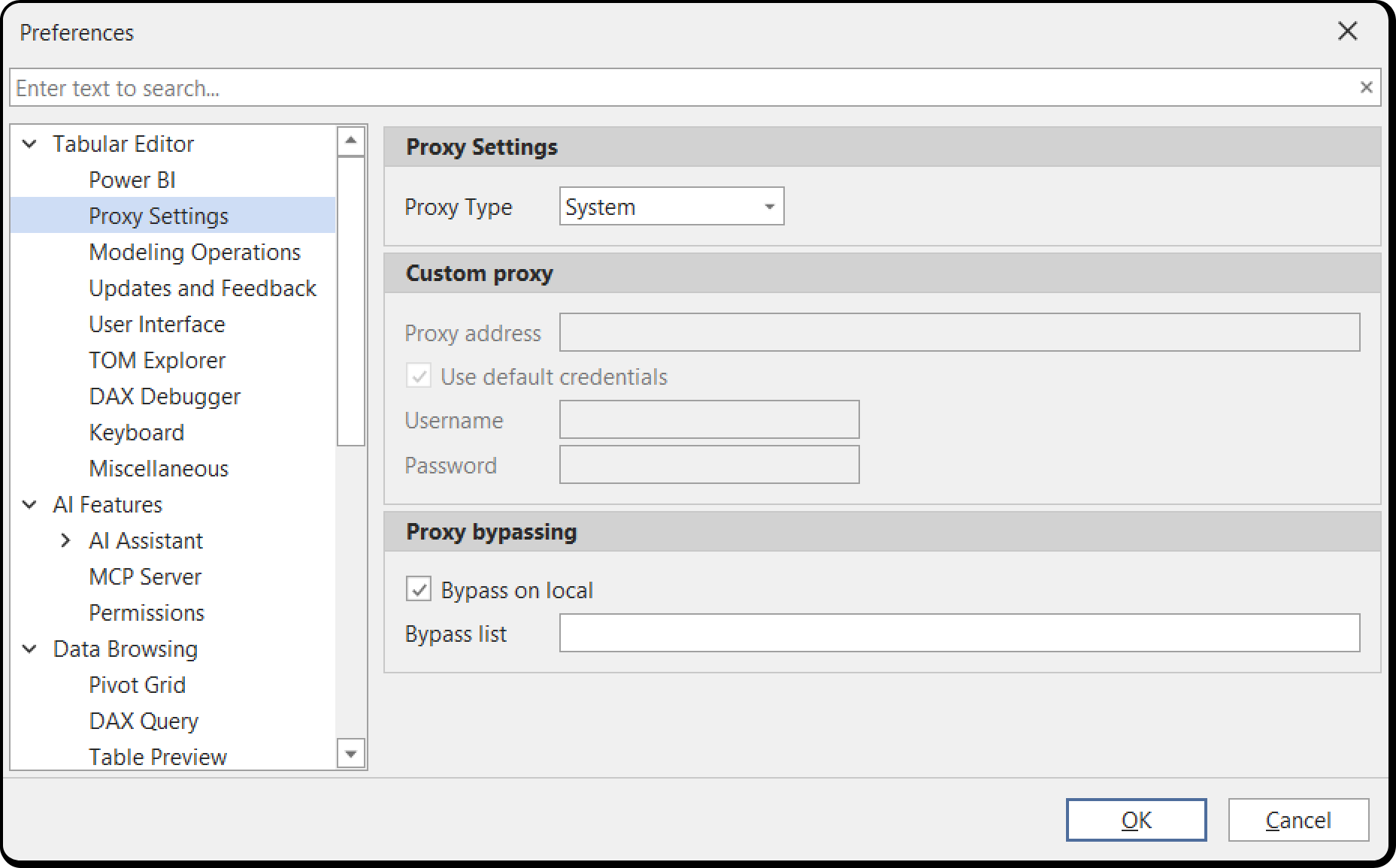 Proxy Settings preferences