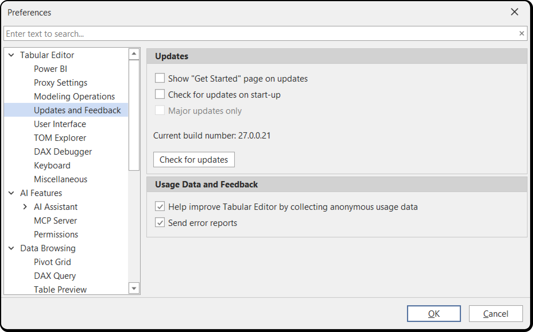 Updates and Feedback preferences