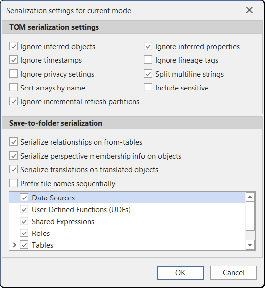 Model > Serialization options, with the User Defined Functions (UDFs) level ticked