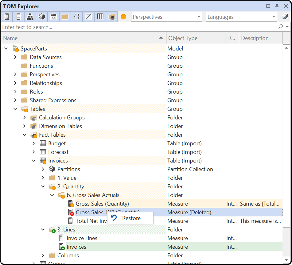 Deleted objects in the TOM Explorer