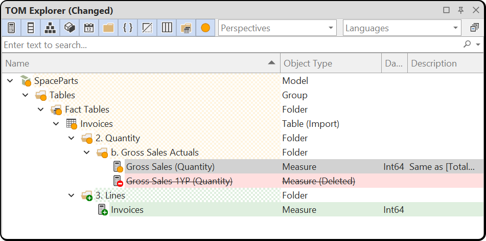 Show changes filter in the TOM Explorer
